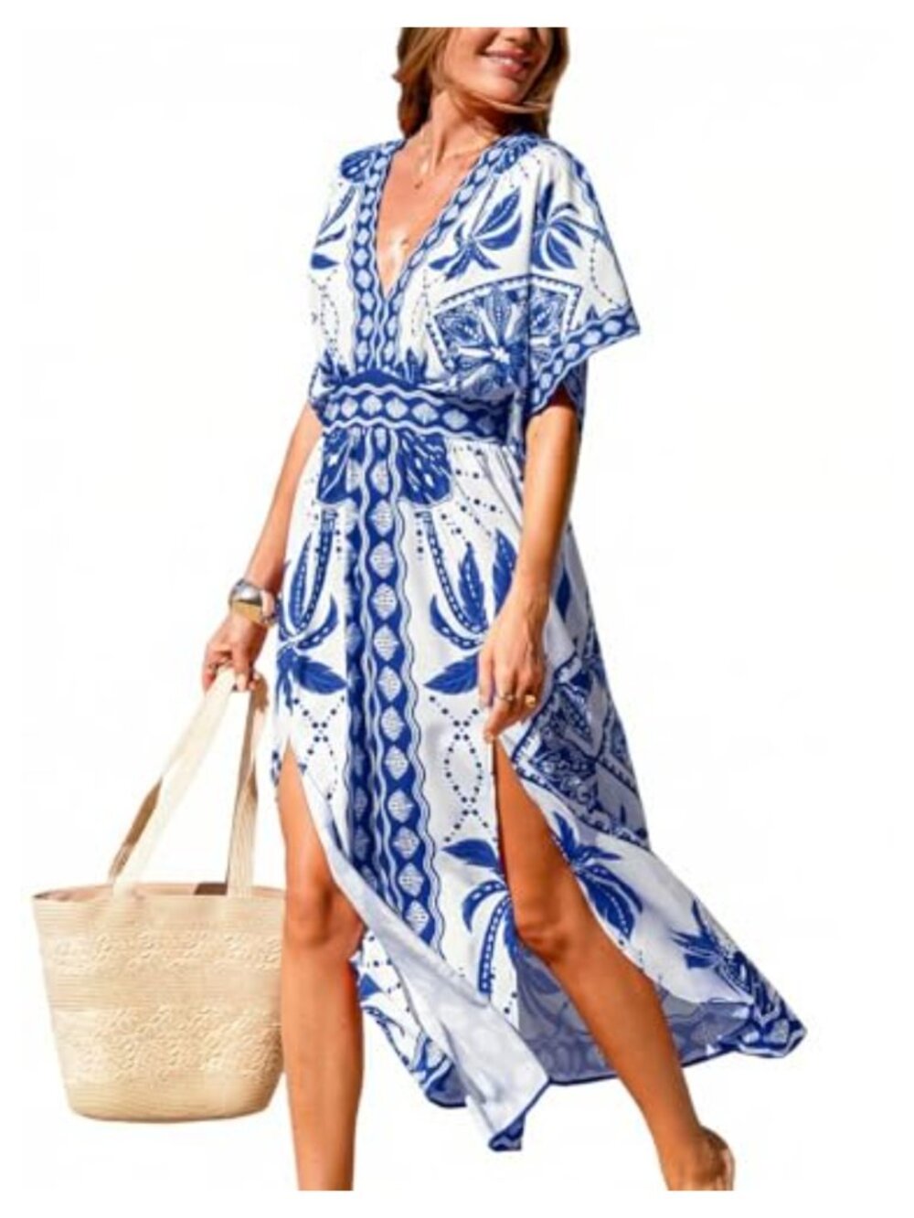 Boho Plunging V Neck Side Slit Maxi Dress Floral Women's